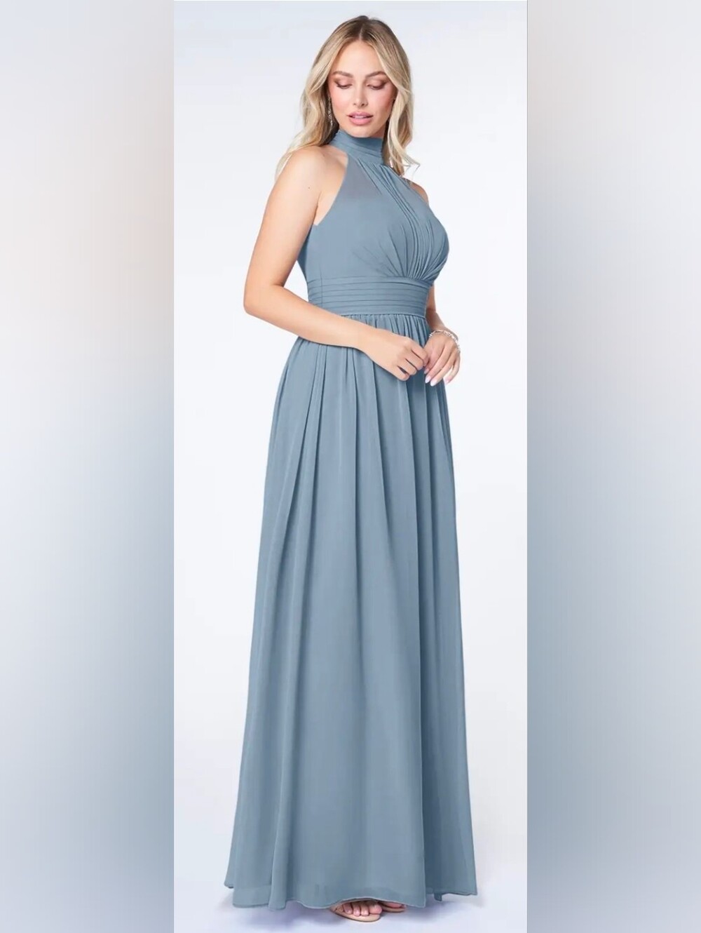 Monique Lhullier NEW Dusty Blue Gray Sleeveless Halter Pleated Maxi Dress Size 8